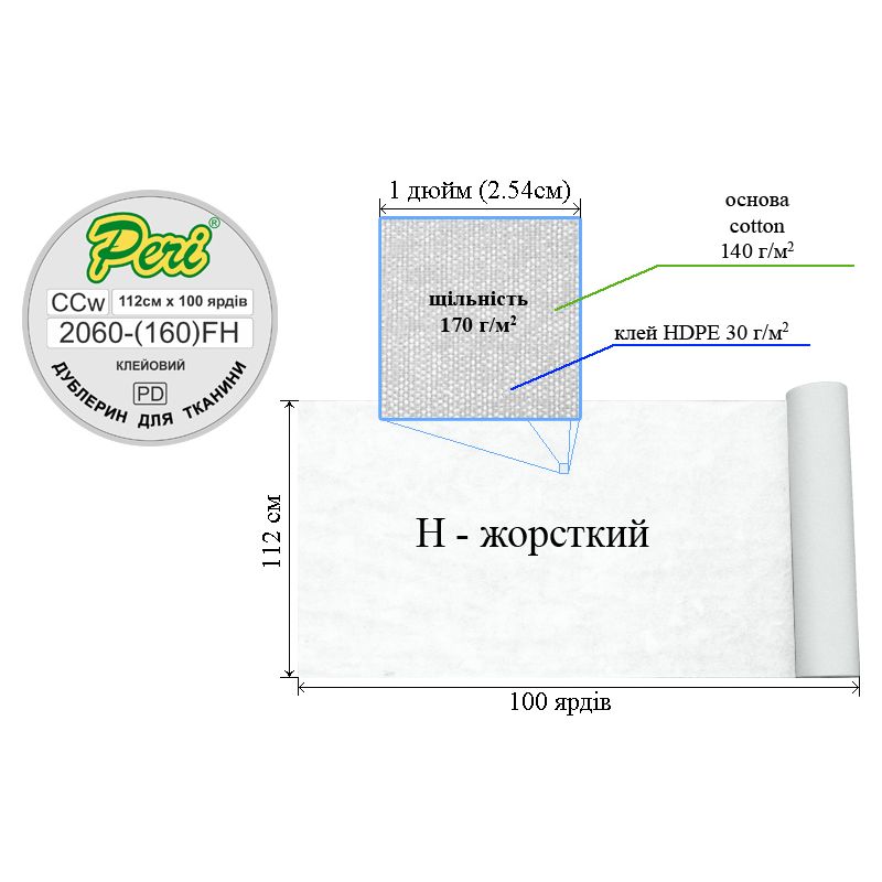 Дублерин клейовий H 170 г (140 + 30) 112 см х 100 ярдів, H-жорсткий, бавовна, білий