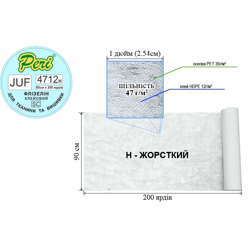 Флізелін клейовий для вишивки, 47г (35 + 12), 90 см х 200 ярдів, білий, Н-жорсткість, ПЕT 100%, вага брутто 7,76 кг