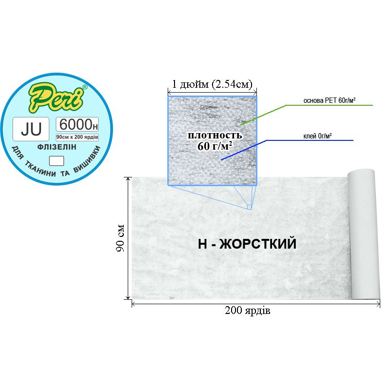 Флізелін д/вишив. нк. 60г(60+0), 90см х200я., білий, Н-жорст., ПЕT 100%, вес брутто: 9, 90кг