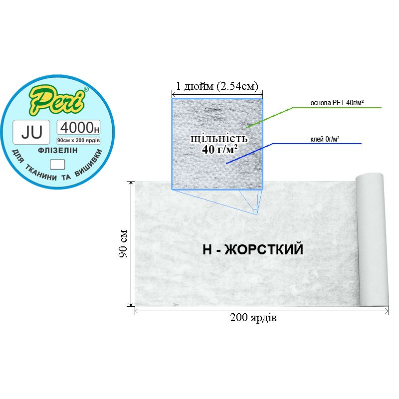 Флізелін д/вишив. нк. 40г(40+0), 90см х200я., білий, Н-жорст., ПЕT 100%, вес брутто: 6, 60кг