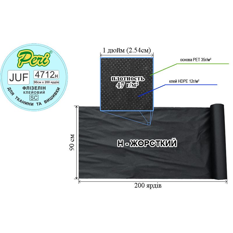 Флізелін клейовий для вишивки, 47г(35+12), 90 см х 200 ярдів, чорний, Н-жорсткість, ПЕT 100%, 7,7/8 кг