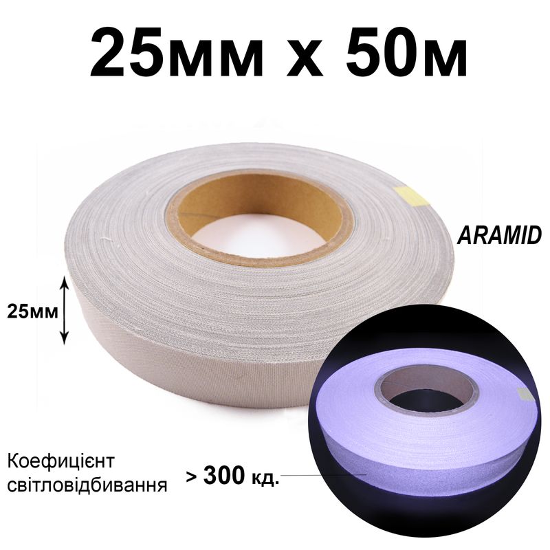Стрічка світловідбиваюча текстильна 25мм 300 кд. х 50м., арамід(1ящ. =20кот. )