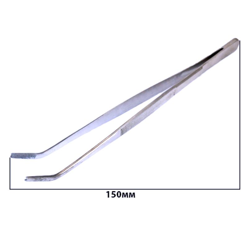 Пинцет з зігнутими кінчиками 150мм, рифлені ручки, нержавіючі, вага 17гр