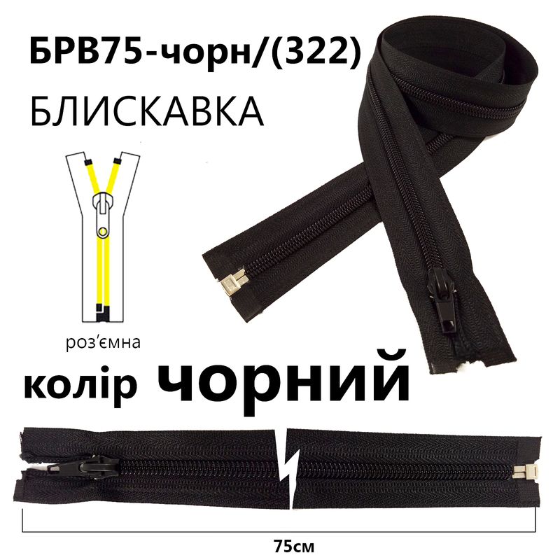 Блискавка, роз'ємна з права, вита, спіральна, Т5, 75 см, нейлон, чорний(322)
