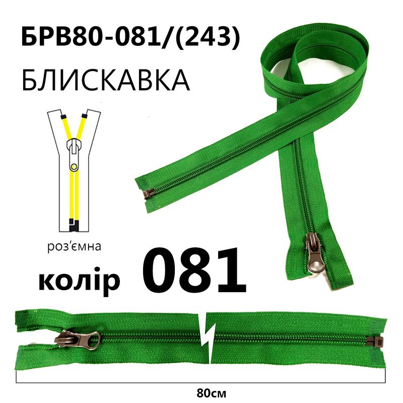 Молния, разъемная с правая, витая, спиральная, Т5, 80 см, нейлон, 081(243) - зеленый