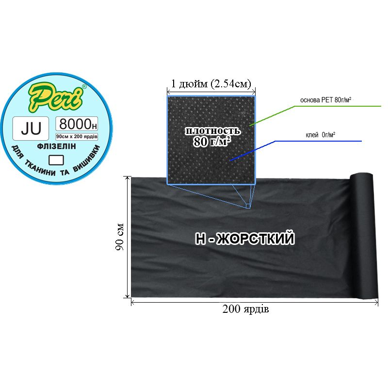 Флізелін не клейовий для вишивки 80г(80+0), 90 см х 200 ярдів, чорний, Н-жорсткість, ПЕT 100%, вага брутто: 13,19 кг