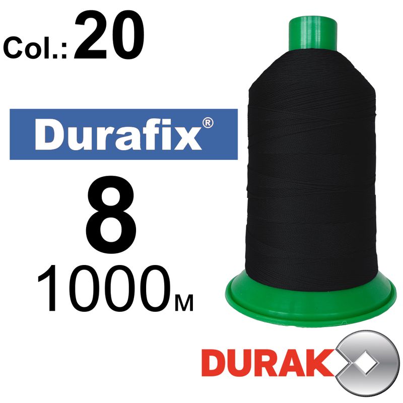 Нитки надміцні, Durafix, поліестер, N08 (330tex), довжина 1000 м., колір 02(20)-чорна колонка 12