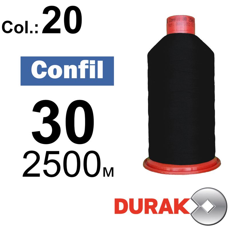 Нитки надміцні, Confil, поліестер, N30 (80tex), довжина 2500 м., колір 02(20)-чорна колонка 12