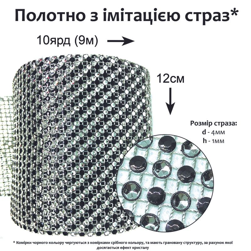 Стразове полотно, пластикова сітка(сріб) з імітаціею страз, 12см х 10ярд, срібло/чорний