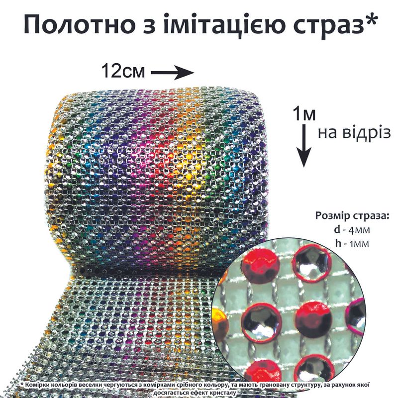 Стразове полотно, пластикова сітка(сріб) з імітаціею страз, 12см х 100см, срібло/радуга, на відріз