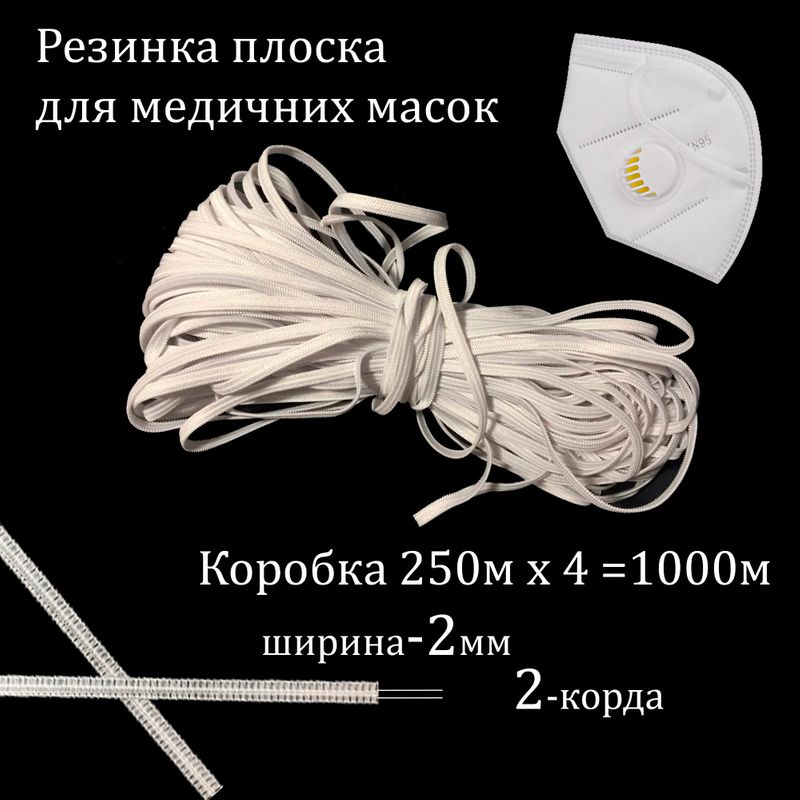 Резинка эластичная (для мед. масок), плоская 2мм (2корд) х250м * 4 ...