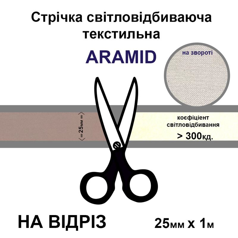 Стрічка світловідбиваюча текстильна 25мм 300 кд, х 1м., арамід-на відріз