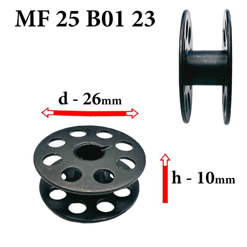Шпулька для промислових швейних машин, Д = 26мм, В = 10мм, G303 (MF 25 B01 23), універсальна, чорна, перфо + П, GE
