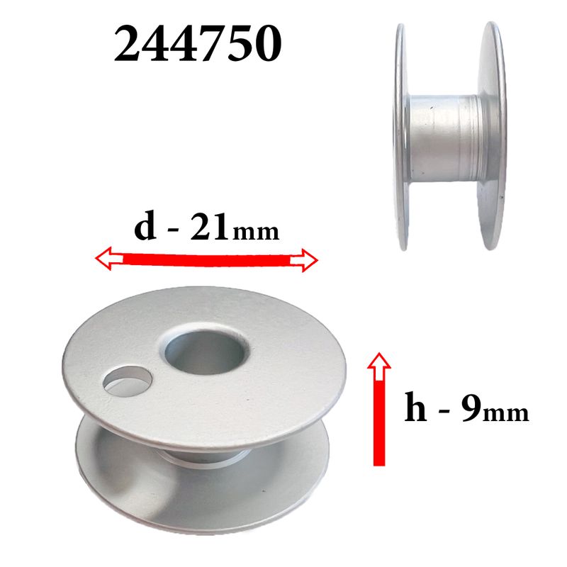 Шпулька для промислових швейних машин, Д = 21мм, В = 9мм, 244750(203470А), алюмінієва, не перфо+ О, GE