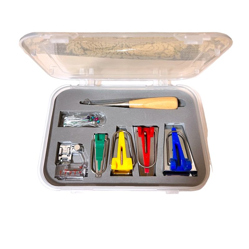 Пристрій для виготовлення косої бейки, набір (7шт. ), в кейсі (4 равлика, шило, 10 булавок, лапка)