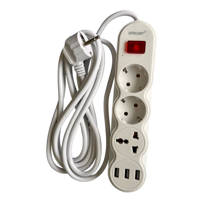 Удлинитель RF-3 метра, 2 розетки + 1 универсальная + 3 USB, с выключателем, провод 3x1 мм2, с заземл.