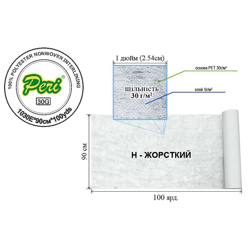 Флізелін для вишивки нк. 30г(40+0), 90см х100я. , білий, Н-жорст. , ПЕT 100%