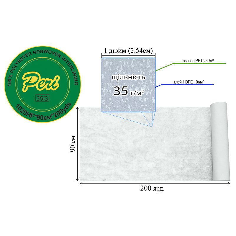 Флізелін для вишивки клей. 35г(25+10), 90смх200я. , білий. , Н-жорст. , ПЕT100%