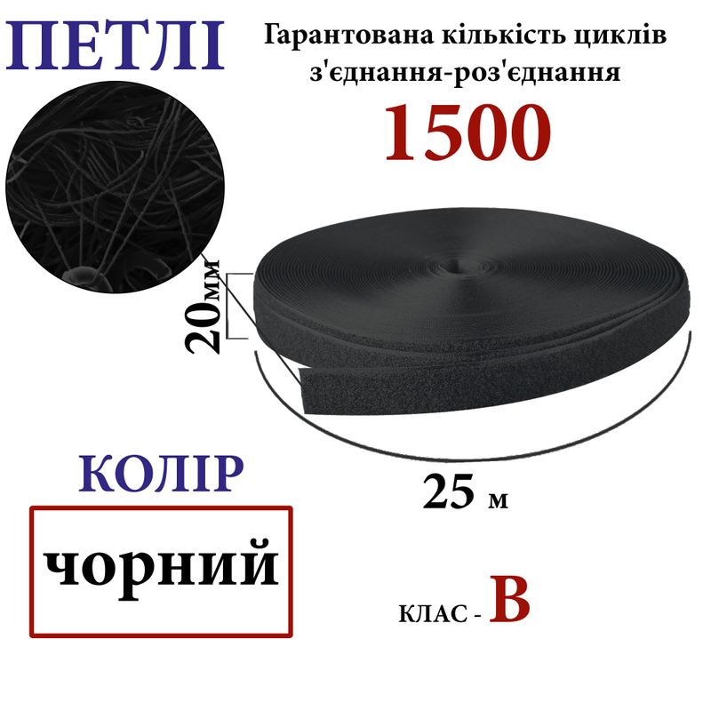 Липучка текстильная 20мм х 25м (001) петли (1ящ. =48 боб. )полиэстер/нейлон, черная