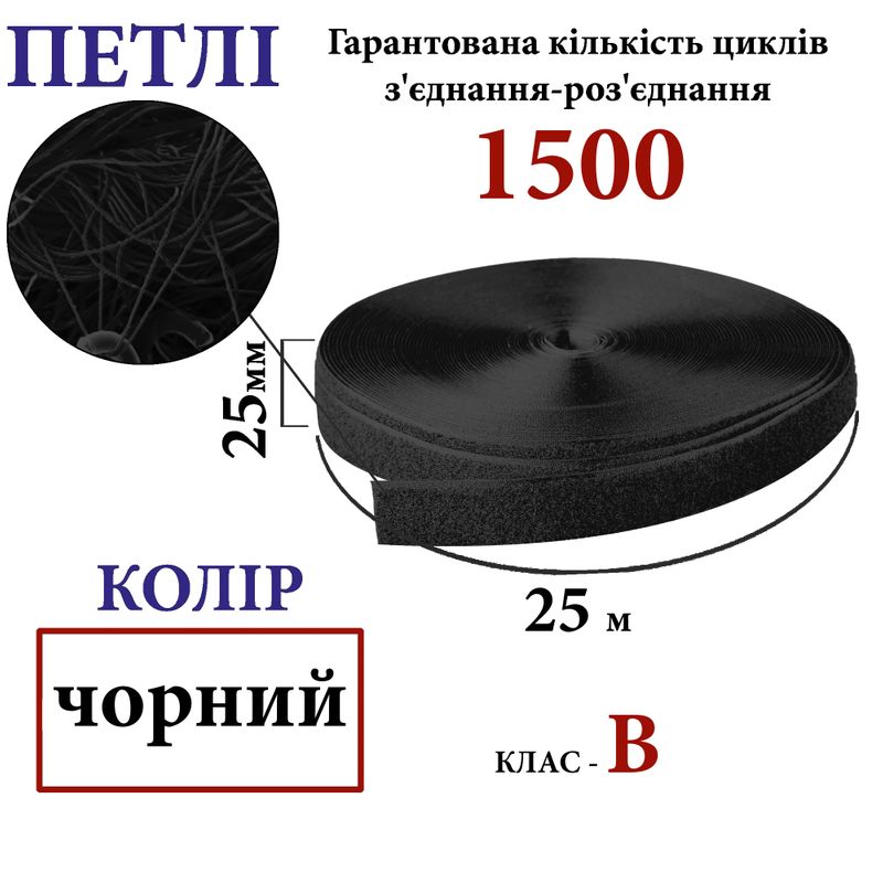 Липучка текстильна 25мм х 25м (001) петлі (1ящ. =40 боб. )поліестер/нейлон, чорна