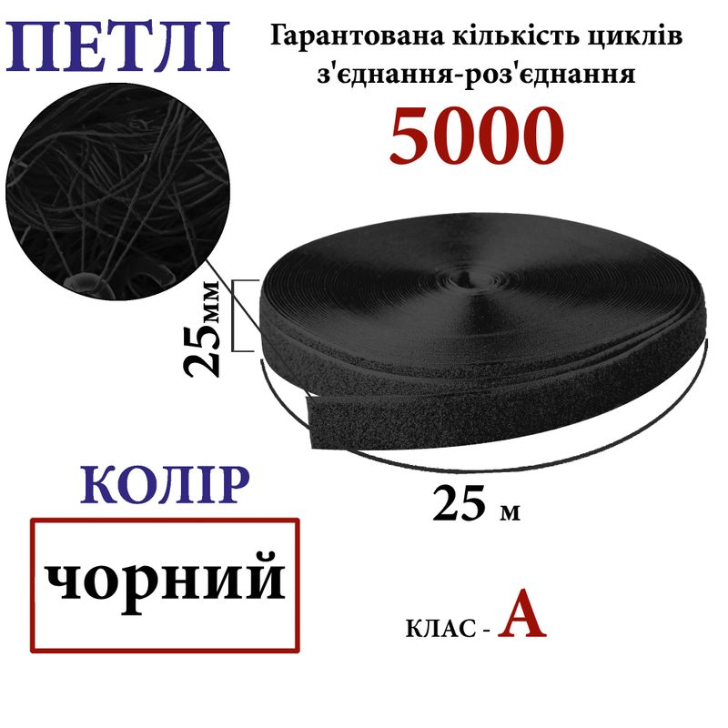 Липучка текстильна А 25мм х 25м. (001) петлі (1кор. =40 боб. ), 100% нейлон, чорний