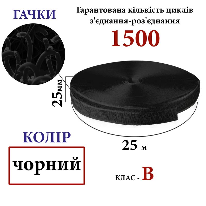 Липучка текстильная 25мм х 25м (001) крючки (1ящ. =40 боб. )полиэстер/нейлон, черная
