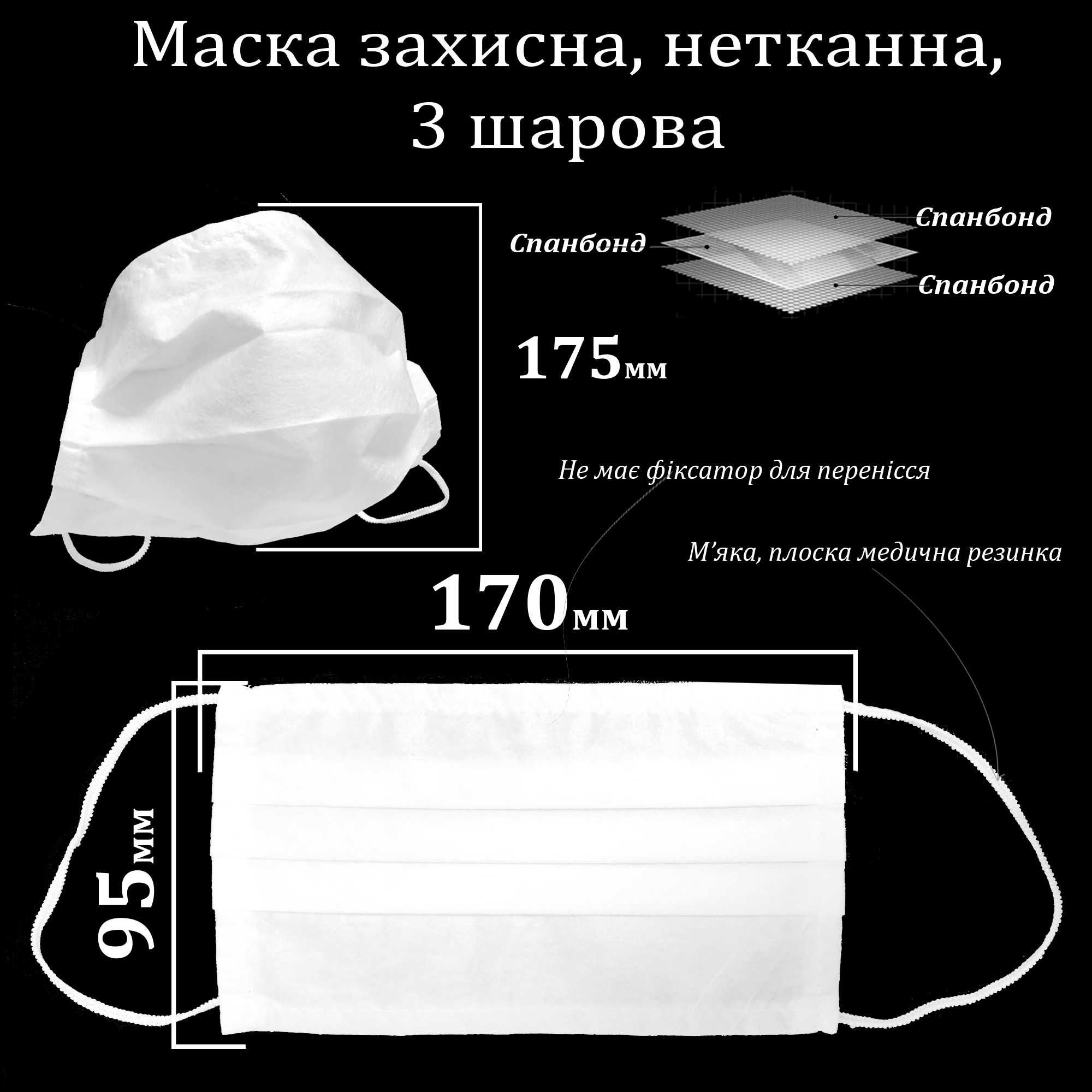 Маска защитная 3 слоя, С + С + С, спанбонд 75г / м2, мягкая круглая ...